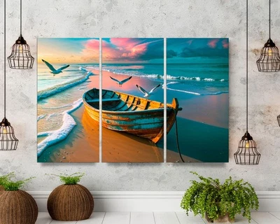 Arte de pared de lienzo de 3 paneles con vistas al mar, decoración de pared de playa costera para sala de estar Foto 1 de 4