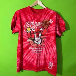 Large Red Mitchell & Ness Chicago Bulls NBA World Champions tie-dye t-shirt - Picture 1 of 6