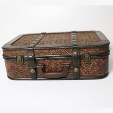 Vintage Style Brown Rattan Wood Suitcase Storage Box Snap Close Handle Rustic