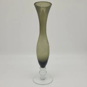 Hand Blown Etched with Grapes & Vines Olive Green Bud Vase with Applied Base - Picture 1 of 6
