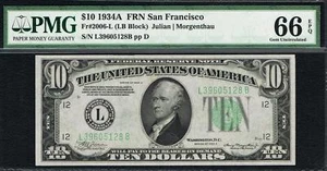 TOP POP LB Block. $10 1934A San Francisco FRN. PMG 66 EPQ - Picture 1 of 2