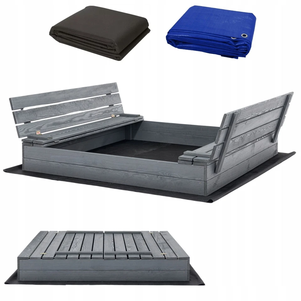 SUNWOOD Sandkasten XXLImprägniert Anthrazit 140x140 cm Sandbox mit Sitzbänken Deckel