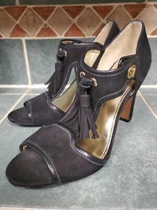 COACH Tristen Turnlock Heels Black Nubuck Leather Tassels Peep Toe Gold Hardware - Picture 1 of 7