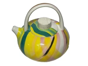 Anthropologie Tea Pot Kettle Handpainted Stoneware Pink Gold Green - Picture 1 of 9