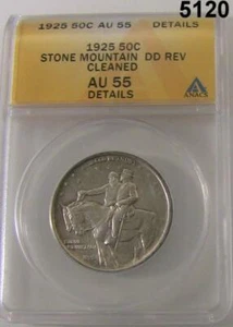1925 STONE MOUNTAIN SILVER COMMEM HALF DD REV ANACS CERTIFIED AU55 CLEANED #5120 - Picture 1 of 3