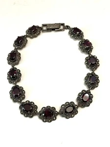 "Pulsera de tenis vintage ~ plata de ley 925 ~ granate y eslabones de marcasita ~ 8""" - Imagen 1 de 8