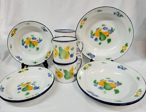 12 pc April Cornell Enamelware Stenciled Fruit PEARS 8 Bowls & 4 Mugs - Picture 1 of 10