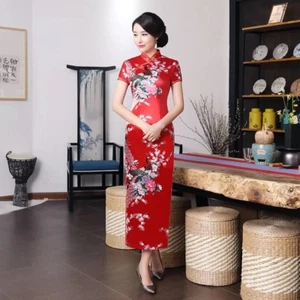 Nuovo lussuoso abito lungo cinese in raso rosso fenice Cheongsam Qipao lcdress50 - Foto 1 di 7