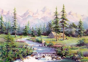 ACEO Limited Ed. MOUNTAIN LOG CABIN & STREAM by Sharon Sharpe!!!! - Picture 1 of 1