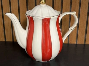 Grace Teaware COFFEE / TEAPOT Red & White Stripes Large Porcelain Gold Trim NEW - Picture 1 of 6