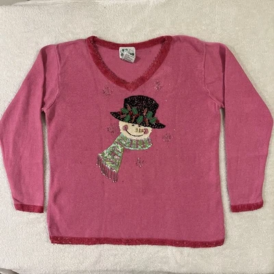The Quacker Factory Sweater Sz LARGE Pink Snowman Vneck Long Sleeve Holiday - Image 1 of 4