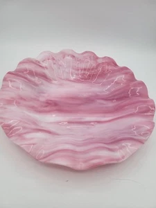 Mauve Pink White Swirl Fused Swirled Art Glass Ruffled Plate Platter - Picture 1 of 4