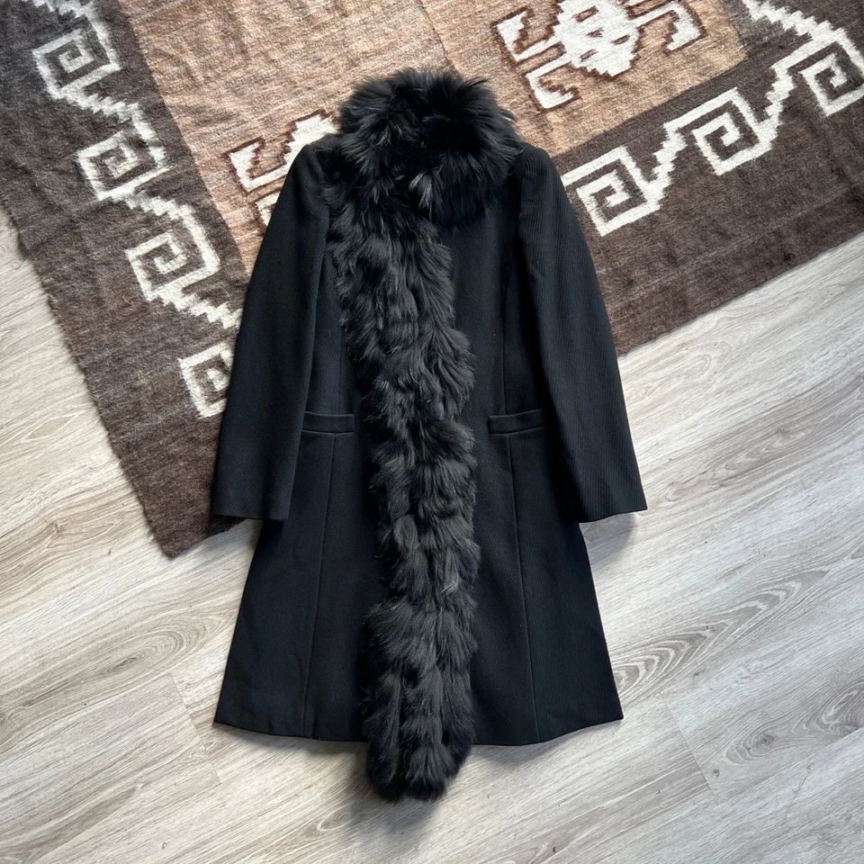 Abrigo Emporio Armani Negro Lana Piel Real Borde Cuello Talla M Foto 1 de 4