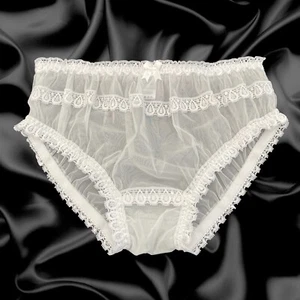 Ivory Sheer Sissy Soft Nylon Frilly Satin Bow Briefs Panties Knickers Size 10-12 - Picture 1 of 5