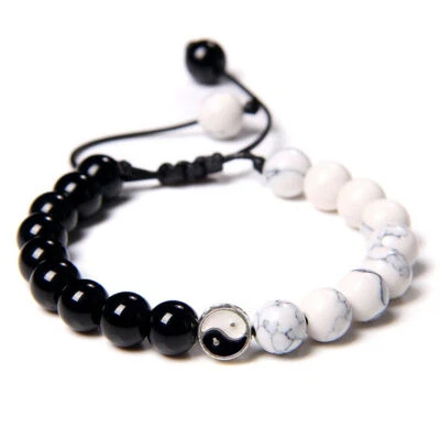 Yin und Yang Glücks-Armband Yoga Kettchen Onyx Howlith Heilsteine Verstellbar - Bild 1 von 4