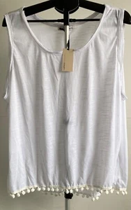 CAPSULE SLEEVELESS SUMMER TOP SIZE 32 UK WHITE WITH POM POM TRIM BACK SPLIT *NEW - Picture 1 of 11