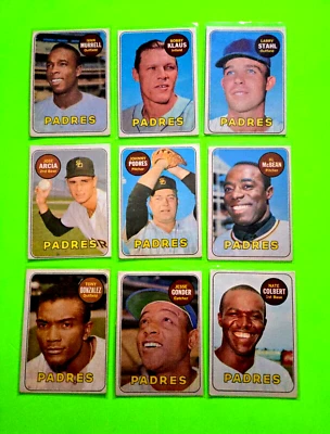 Lot of 9 1969 Topps SD. PADRES VINTAGE baseball  NATE COLBERT, JOHNNY PODRES - Image 1 of 4