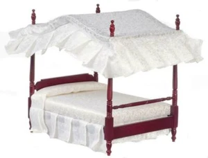 Dolls House Mahogany Double 4 Poster Canopy Bed Miniature 1:12 Bedroom Furniture - Picture 1 of 8