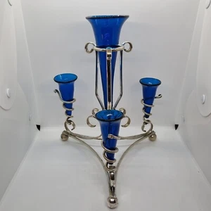 Vintage Cobalt Blue 4 Trumpet Vase Epergne Centerpiece - Picture 1 of 16