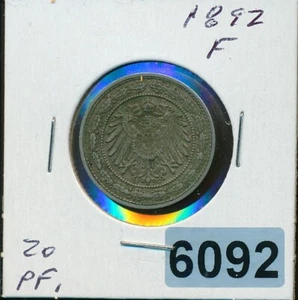 GERMANY - 1892-F - 20 PFENNIG - EAGLE - K13 - #6092 - BETTER DATE - Picture 1 of 2