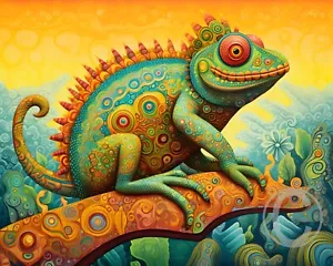 Smiling Chameleon Reptile On Branch Animal Lizard Lover Giclée Art Print - Picture 1 of 2