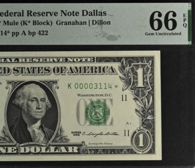 1963 $1 FRN Dallas Star PMG 66EPQ 2nd finest low serial number mule star 0003114 - Image 1 of 4