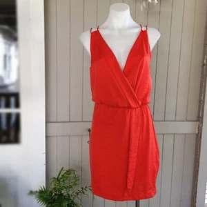 French Connection Dress Orange Faux Wrap Mini Cocktail Party Crinkle Size 8 - Picture 1 of 12