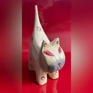 Geschnitztes Holz bemalt Volkskunst Ring Halter Figur Katze Katze rote Augen 5,2" groß - Bild 1 von 9
