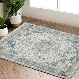 Vorleger 2x3 Eingangsteppich Floral Distressed Grau Weich Vintage Retro Indoor Do... - Bild 1 von 8