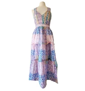 WITCHERY Dreamscape SIZE 12 Dress Pastel Patchwork Cotton Tiered Maxi Boho EUC - Picture 1 of 9