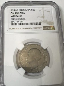 1940 Bulgaria 50 Leva NGC AU Details Tsar Boris III Silver Coin KB Coll WHIZZED - Picture 1 of 2