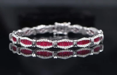 $12,500 14K Solid White Gold Red Ruby Round Diamond 7.5'' Tennis Link Bracelet - Image 1 of 4