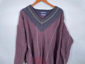 VTG GANT Cotton Tennis V-Neck Sweater Adult Large Dark Red Blue Houndstooth - Picture 1 of 10
