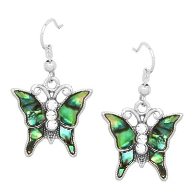 Abalone Shell Earrings Butterfly Crystal Sea Life Sand Beach Hook SILVER 0472 - Image 1 of 2