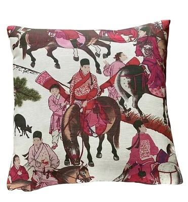 Oriental Cushion Cover Mongolian Horsemen with Trees Red Pink 16-24” - Image 1 of 4
