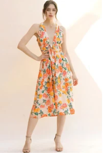 STORIA Midikleid Frühling Blumen Gr. L ärmellos tiefer V-Ausschnitt gefüttert cremefarben - Bild 1 von 14