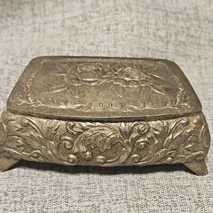 Vintage Silvertone Floral & Enamel Velvet Lined Casket Trinket Box - Picture 1 of 8