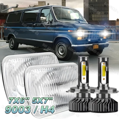 Pair 5x7" 7x6" LED Headlights DRL For Ford E-150 E-250 Econoline Van Club Wagon - Image 1 of 4