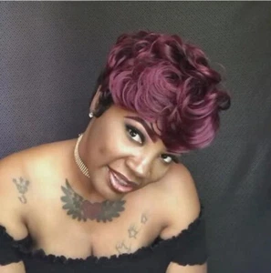 Sexy Burg Red Black Mix Ombre Wigs Loose Wave Short Wig Human Hair Pixie Cut Wig - Picture 1 of 7