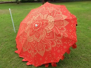 Red Gold Indian Hand block Outdoor Parasol Decorative Large Garden Umbrella 80" - Picture 1 of 7