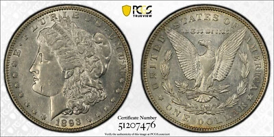 1893-P Morgan Silver Dollar $1 PCGS ALMOST UNCIRCULATED 50 AU 50 RARE KEY DATE - Image 1 of 4
