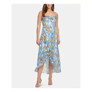 NWT KENSIE Womens Blue Ruffled Printed Spaghetti Strap V Neck Tea-Length 14 - Picture 1 of 10