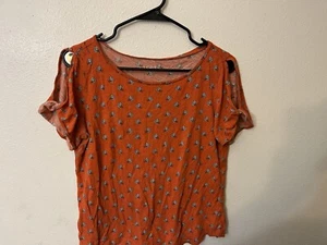 Loft Outlet Womens Blouse Cold Shoulder Pullover Orange Floral Tee - Picture 1 of 5