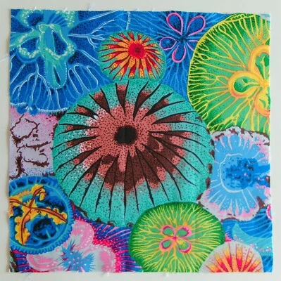 Cotton Fabric Pic A - Bright Colors Jelly Fish -  1 Piece 10 3/8" L x 10 3/8" W - Image 1 of 2