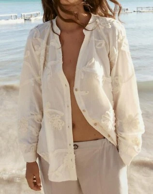 ZARA ECRU SLOT COLLAR FLORAL SHIRT TEXTURED WEAVE EMBROIDERED EMBOSSED BLOUSE - Image 1 of 4