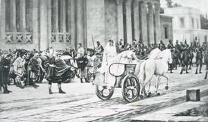 Antike Rom Straße hübsche Frau Mädchen Jungfrau reitet im Wagen ~ 1892 Kunstdruck - Bild 1 von 1