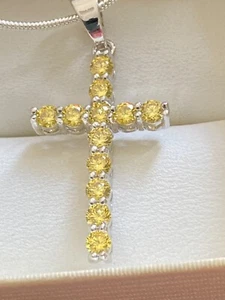 Stunning Silver Tone Citrine Yellow Crystal CZ Cross Pendant & Chain Necklace - Picture 1 of 7