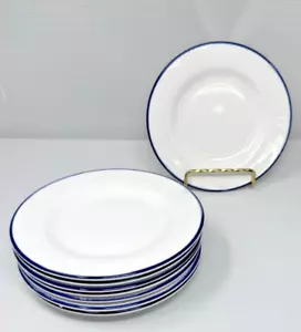 VINTAGE SET OF 8 SYRACUSE CHINA 6.5" PLATES WHITE WITH COBALT BLUE BANDS - Picture 1 of 5