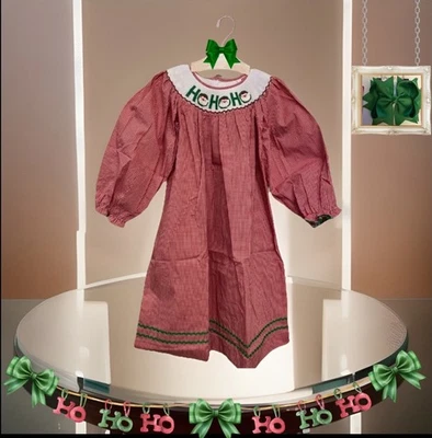 Girls NWT Mom & Me Smocked Dress Gingham Christmas Free Bow 4 - Image 1 of 4