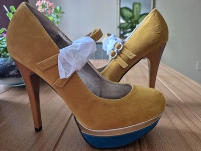 NWOT! Qupid Mustard Suede Colorblock Mary Jane Platform High Heels - Size 9 - Image 1 of 4